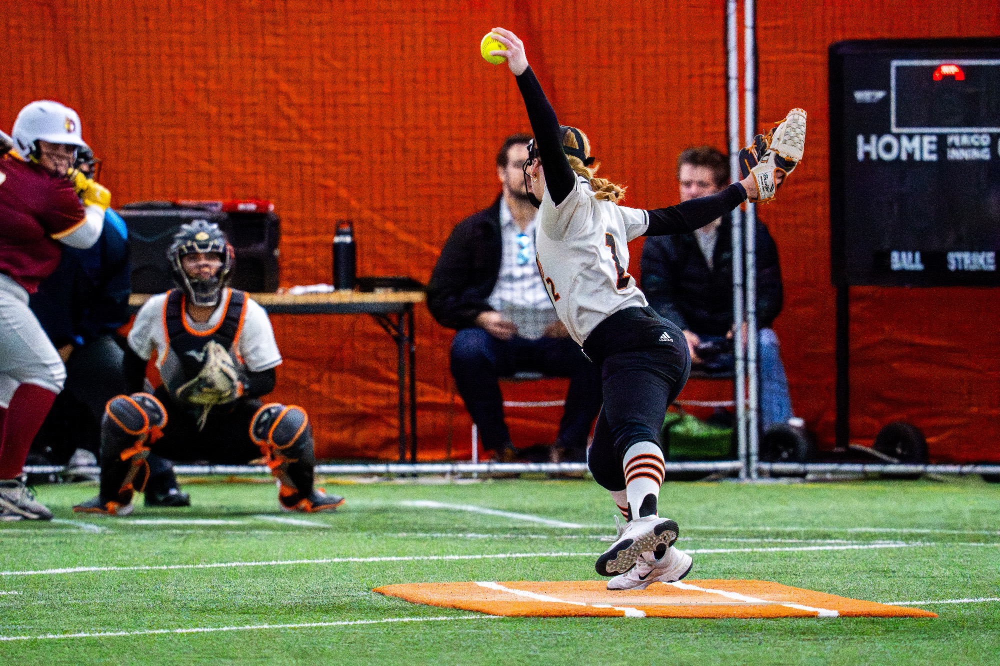 Jamestown #2 Aubrey Quern winds up to pitch against Northern State batter #22 Tevan Bryant in her one hit game winner in the Nelson Family Bubble on April 7, 2026 