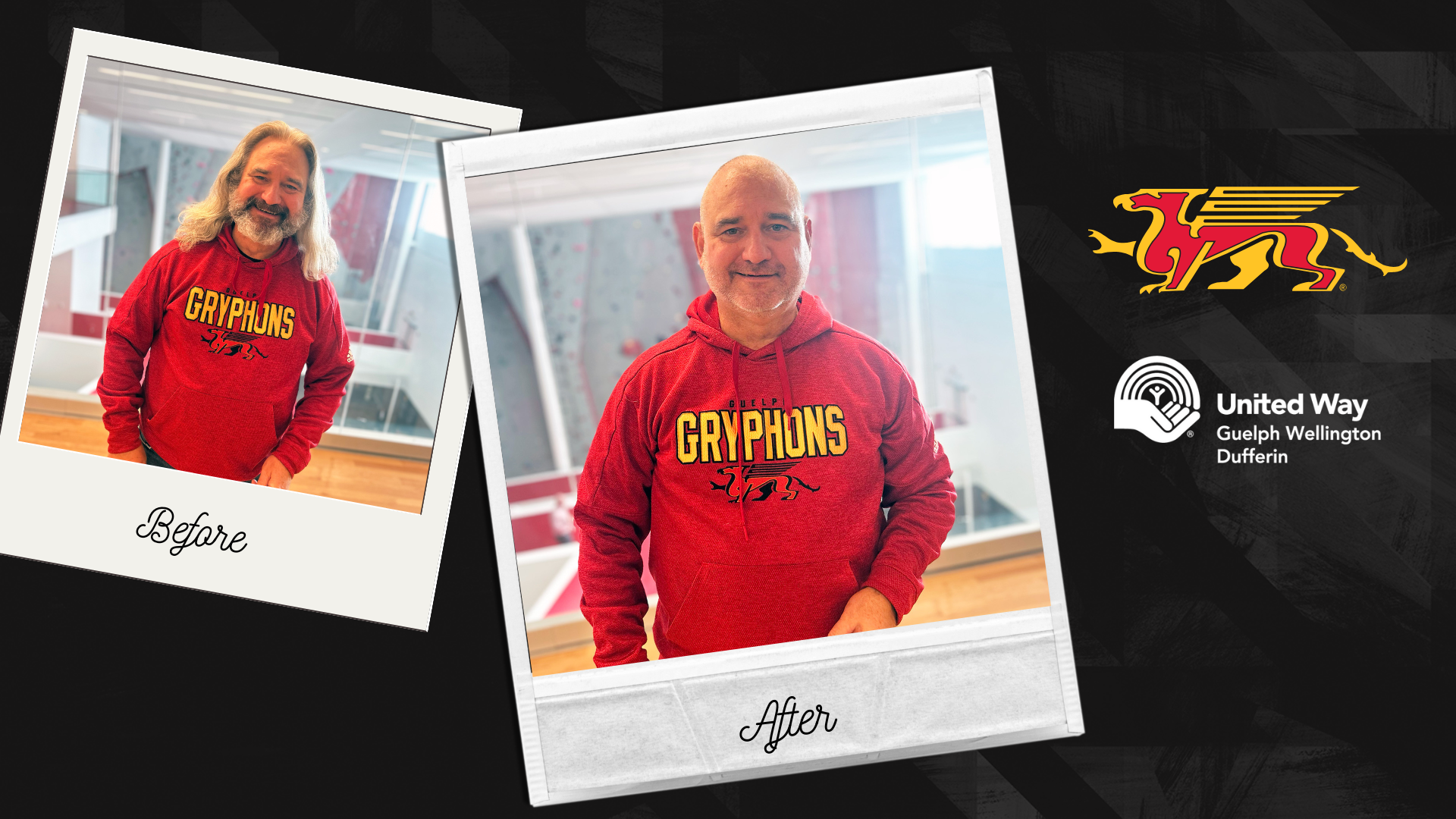 Sam Kosakowski before and after shaving his head. United way logo and Gryphon logo
