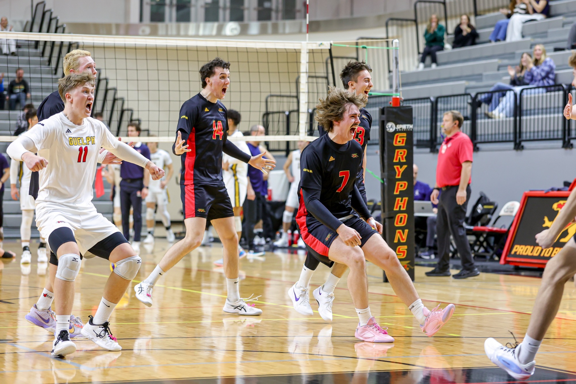 Gryphons men's volleyball team celebrates a 5-set victory over the No. 4-ranked Windsor Lancers