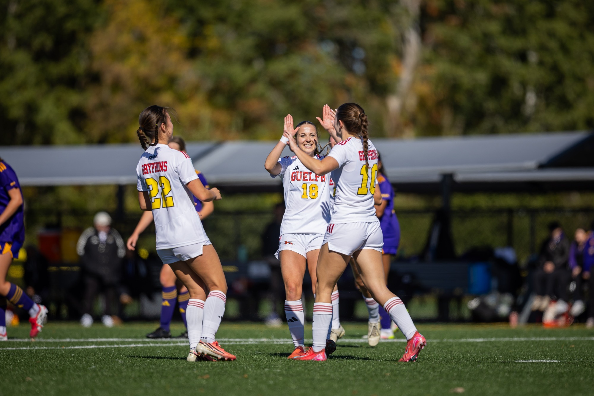 Gryphons women's soccer celebrate a goal vs Laurier