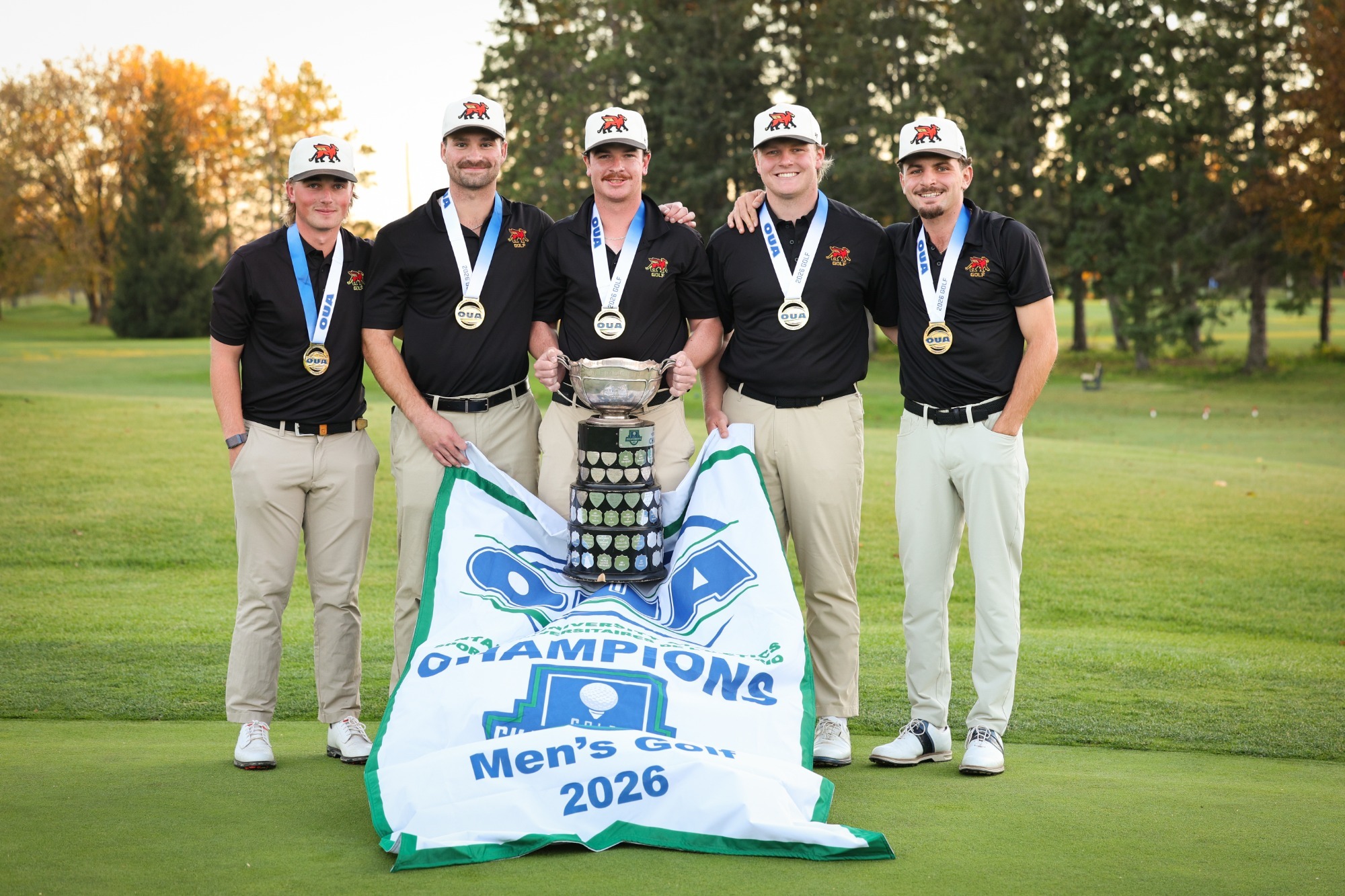 Gryphons men's golf team 2026 OUA champions (left-to-right - Will Drewery, Carson Skinner, Caleb Shorthouse, Will Dodd, Andreas Diogenous)