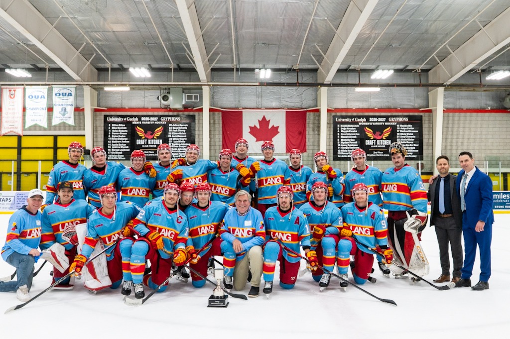 2026 Lang Business Cup - Gryphons men's hockey team poses for a group photo with Stu Lang