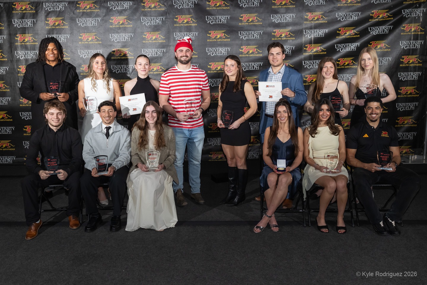 Gryphons Athletics major award winners group photo from 2025-26 year-end awards ceremony
