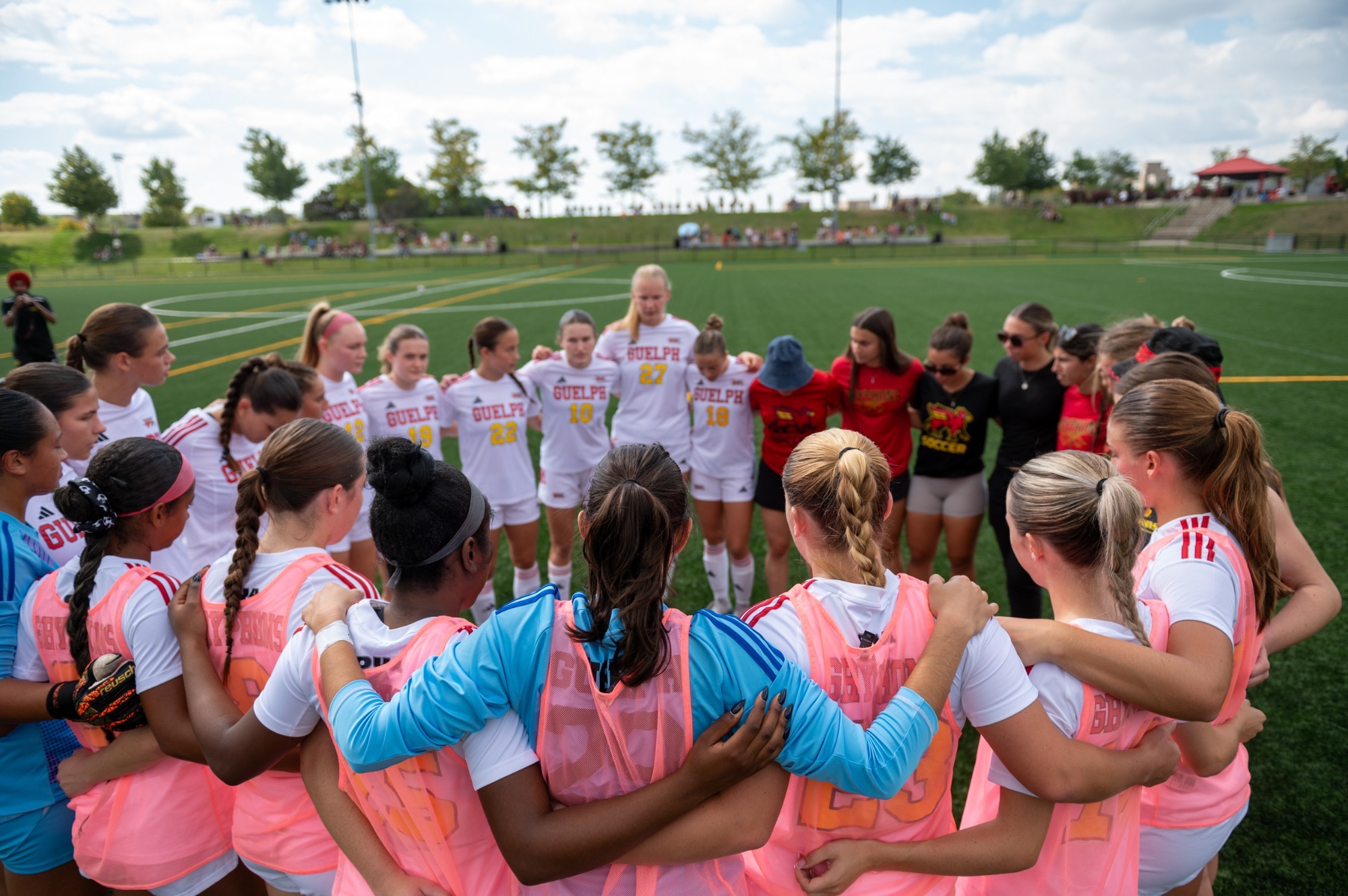 Gryphons women's soccer team huddle