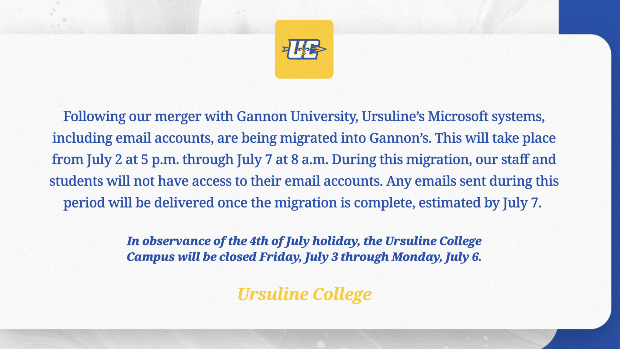 Ursuline Email Migration Notice