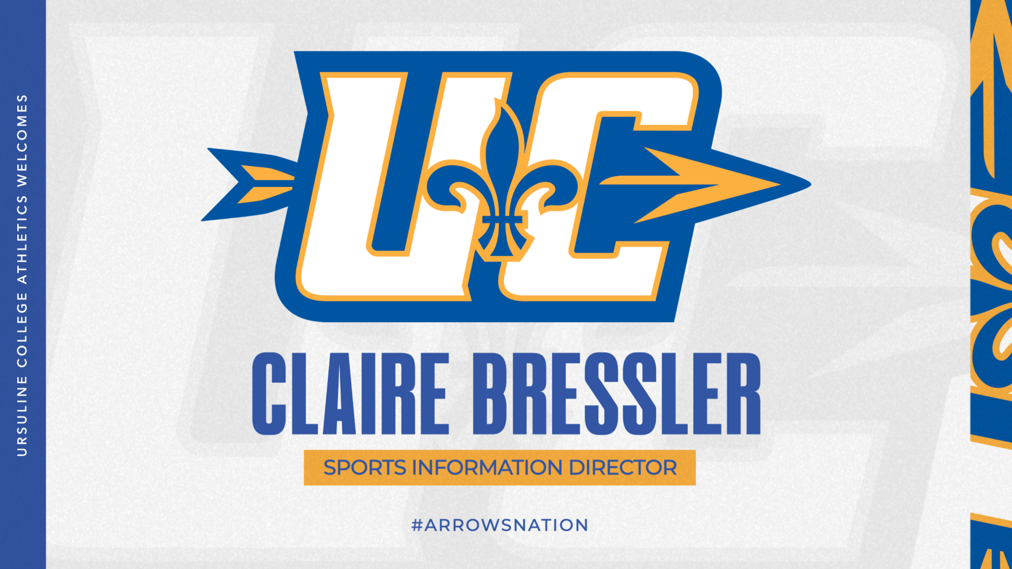 Graphic detailing the hiring of Claire Bressler as Sports Information Director at Ursulien College Athletics