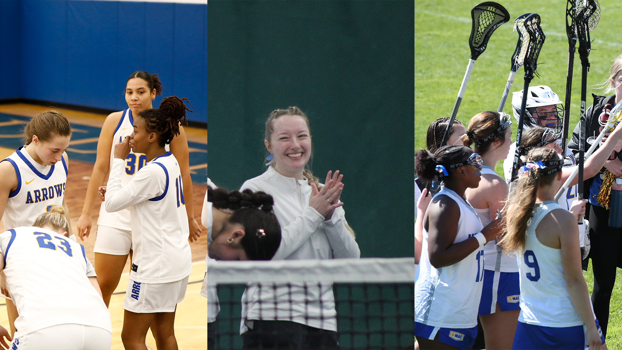 Three images side by side of teams that won sportsmanship award. From left to right: a basketball players in a huddle, a tennis player, and lacrosse players in a huddle.