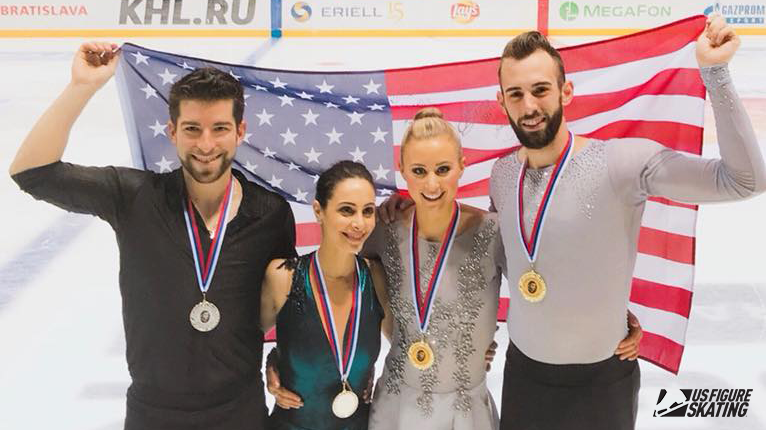 Ashley Cain and Timothy LeDuc (gold) and Deanna Stellato and Nathan Bartholomay (silver) medal at Ondrej Nepela Trophy