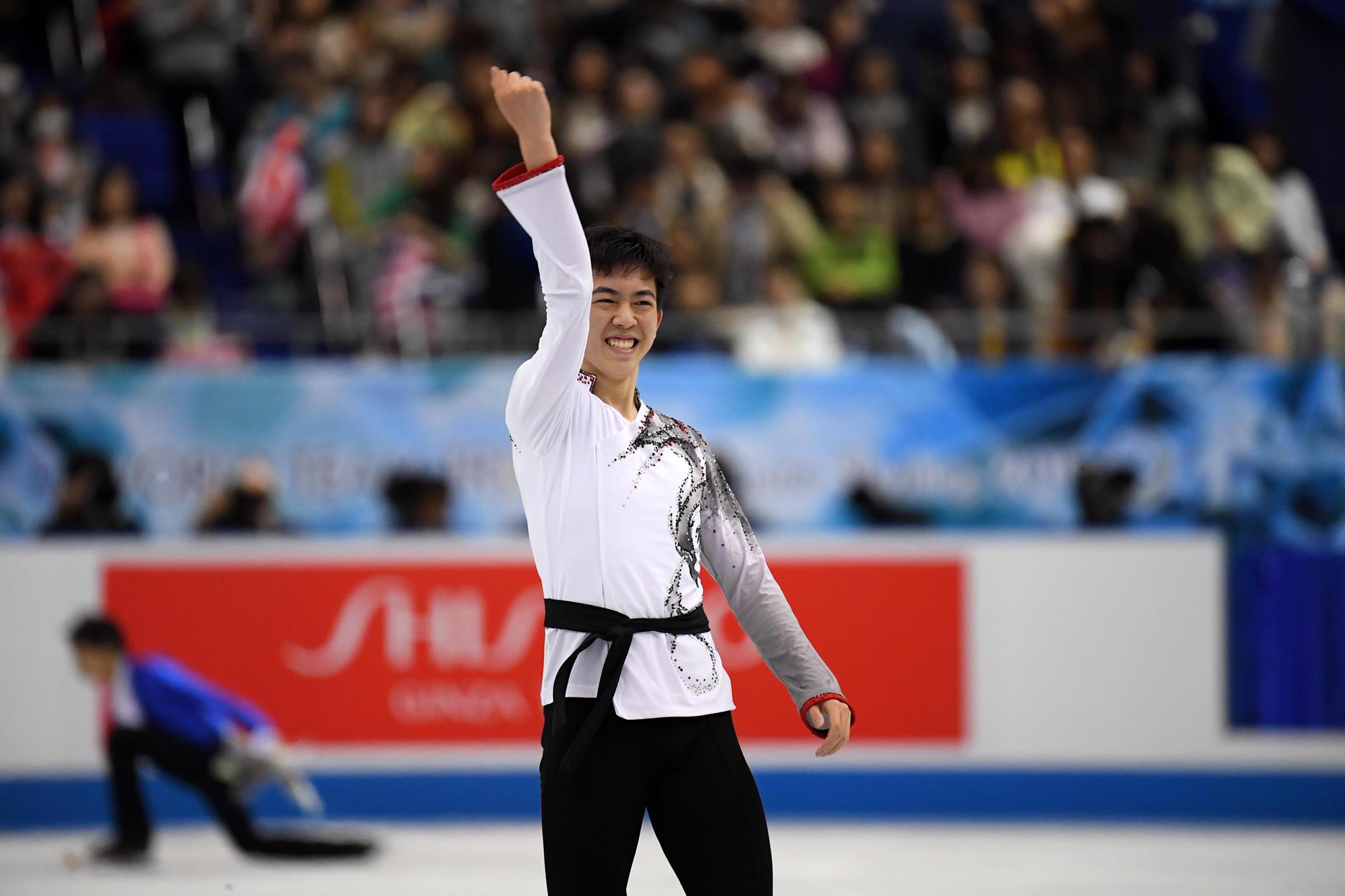Vincent Zhou of the United States celebrates after competing in the Men's Single Free Skating on day two of the ISU Team Trophy at Marine Messe Fukuoka on April 12, 2019 in Fukuoka, Japan. (Photo by Atsushi Tomura - International Skating Union (ISU)/ISU via Getty Images)