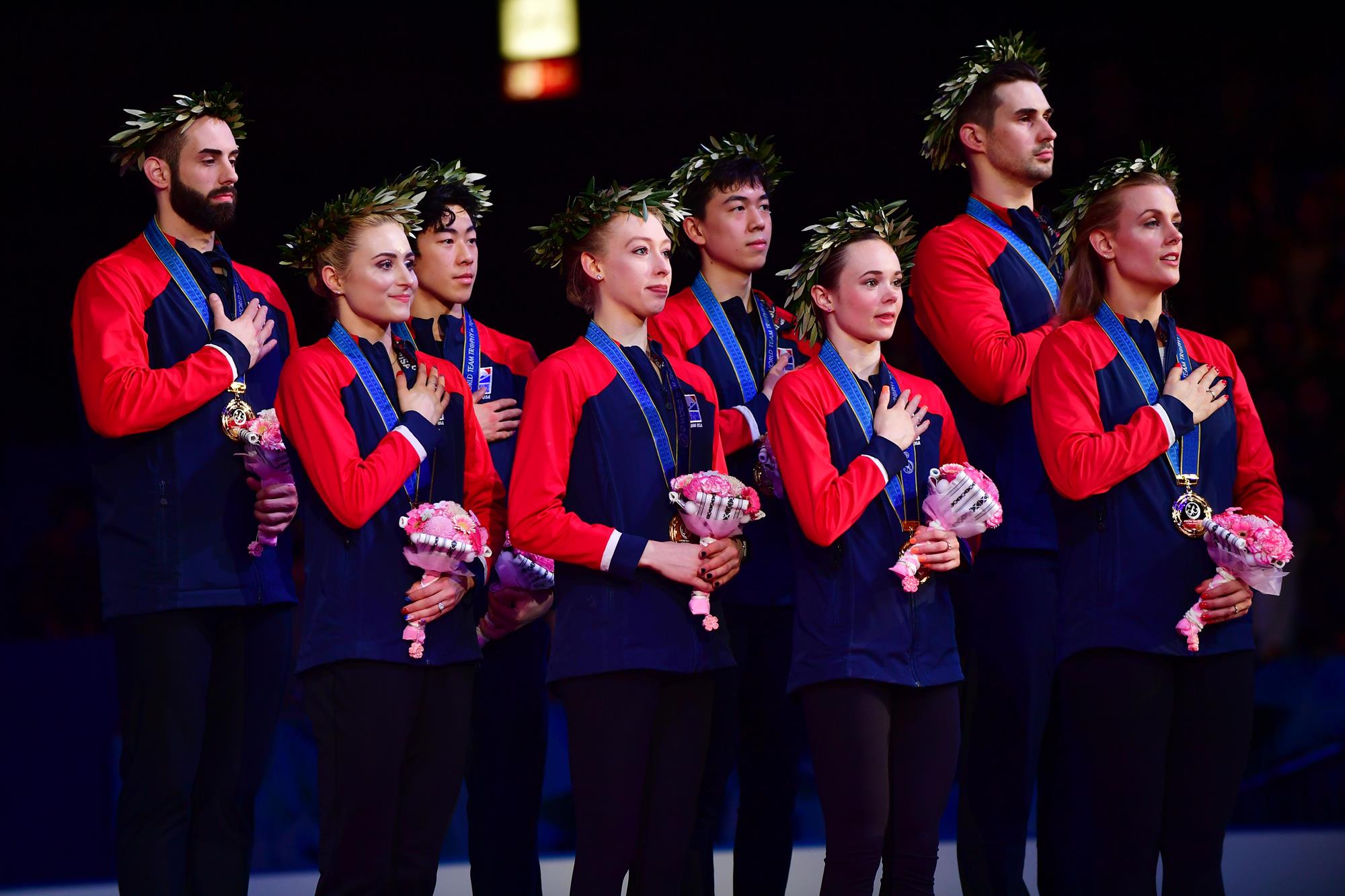 old medalists Team USA stand on the podium for the national anthem during the victory ceremony on day three of the ISU Team Trophy at Marine Messe Fukuoka on April 13, 2019 in Fukuoka, Japan. (Photo by Atsushi Tomura - International Skating Union (ISU)/ISU via Getty Images)