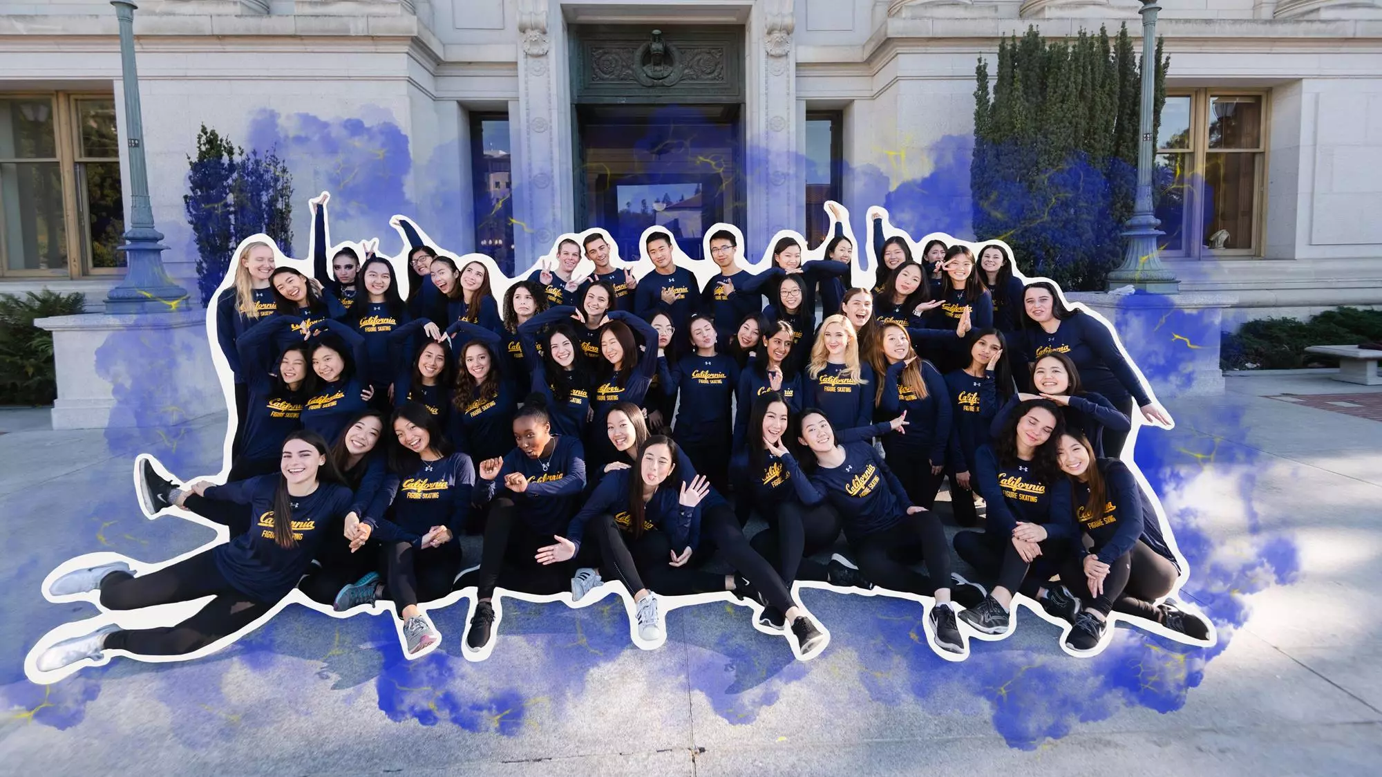 The Cal figure skating team poses for a group photo with graphic elements surrounding the group.