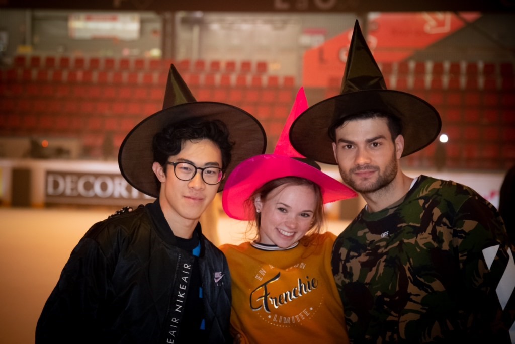NatNathan Chen, Mariah Bell and Romain Ponsart pose for the camerahan Chen, Mariah Bell and Romain Ponsart pose for the camera