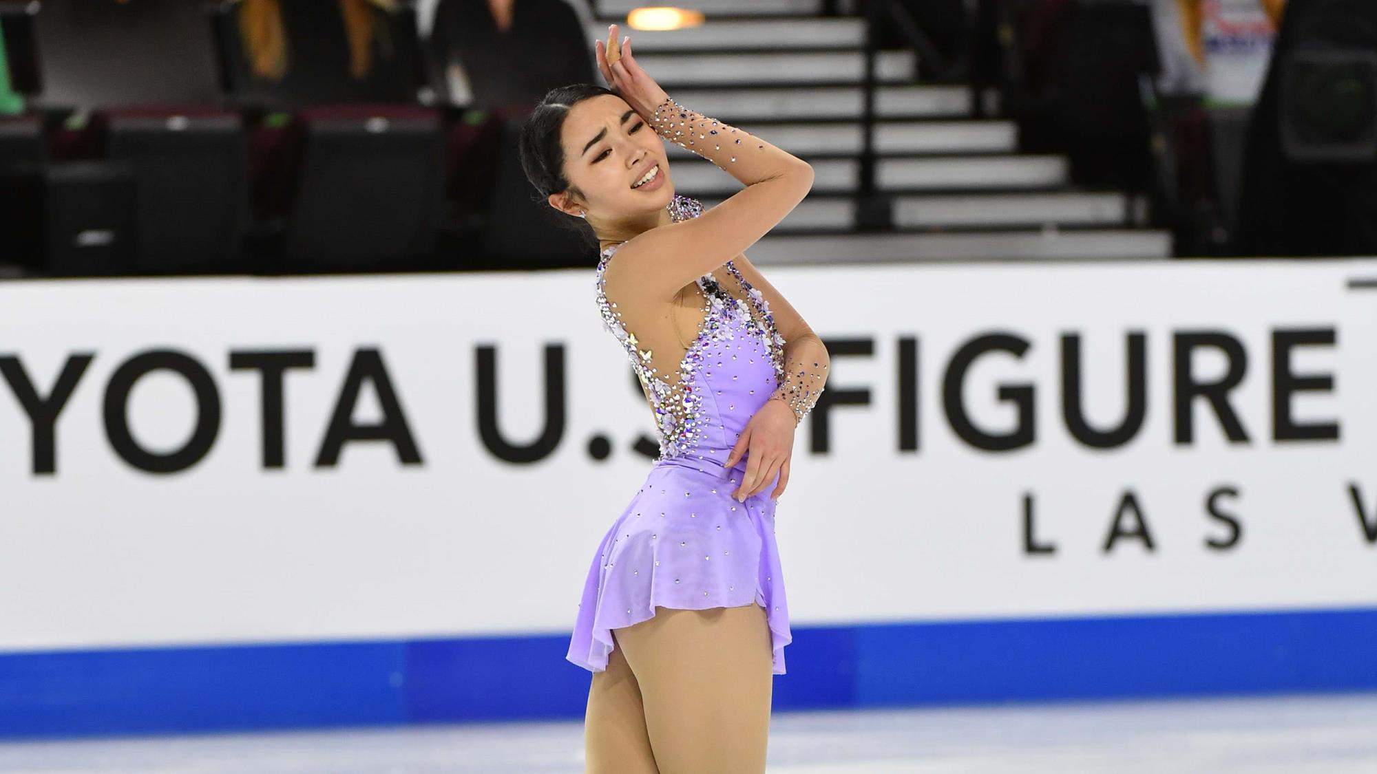 Karen Chen skates her free skate in a lilac dress at 2021 U.S. Championships