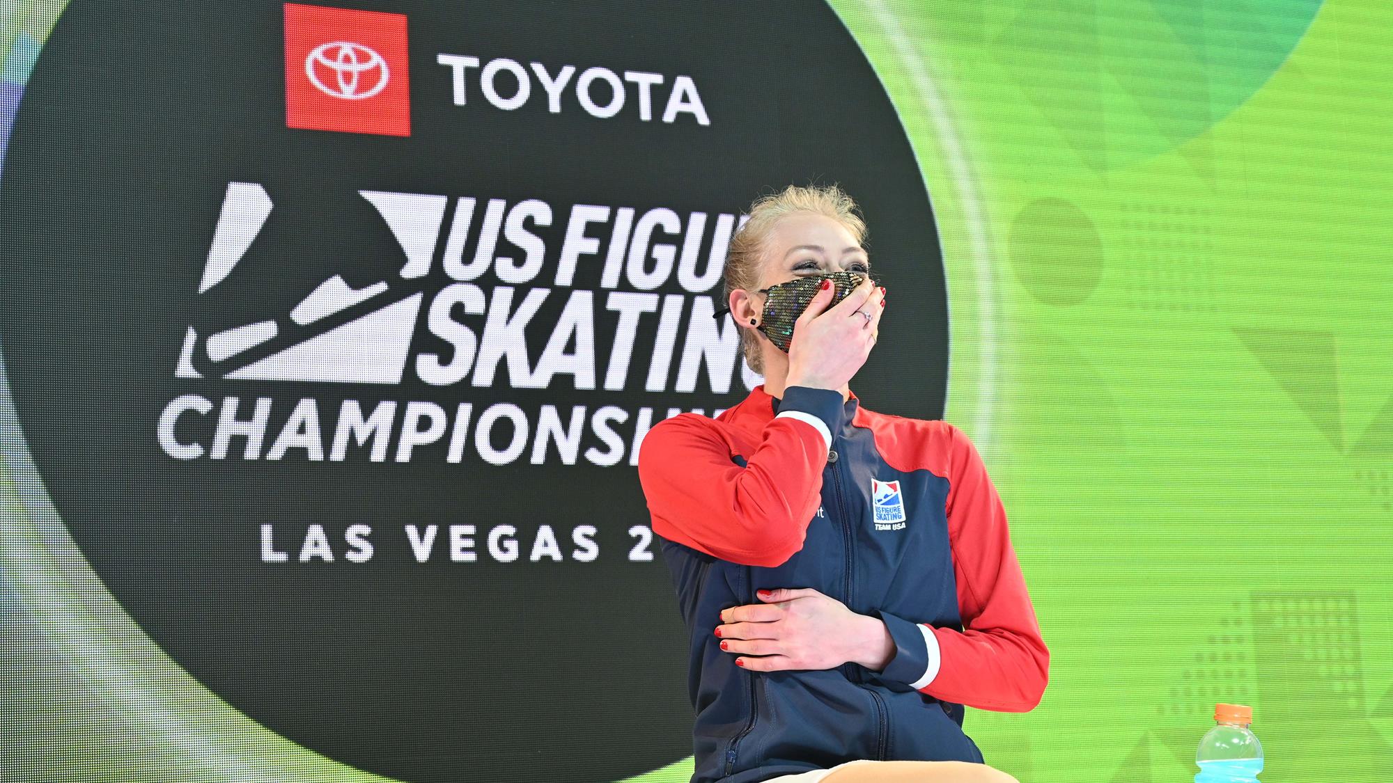 Bradie Tennell celebrates in the kiss and cry at 2021 Toyota U.S. Figure Skating Championships