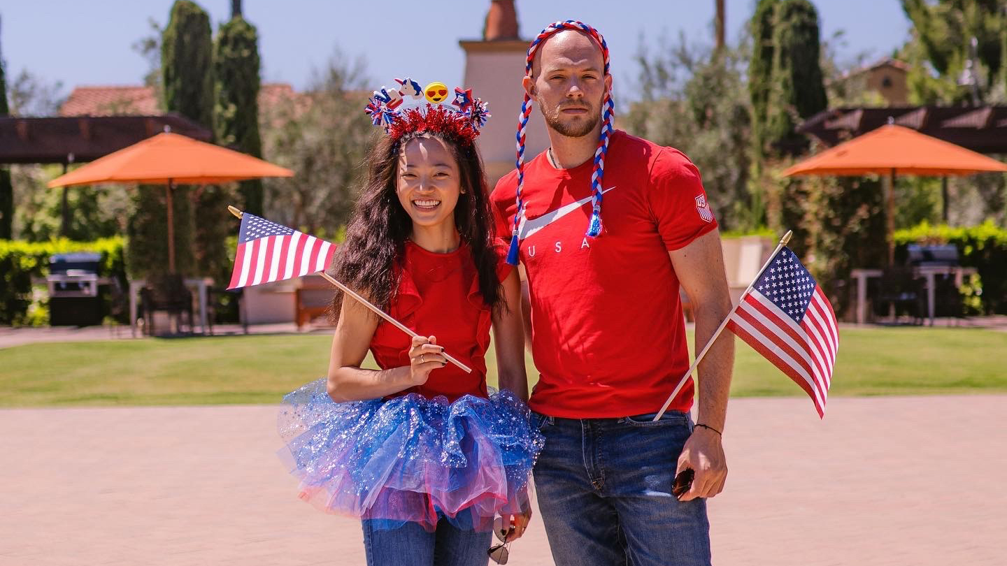 Chelsea Liu and Danny O'Shea pose in Team USA gear