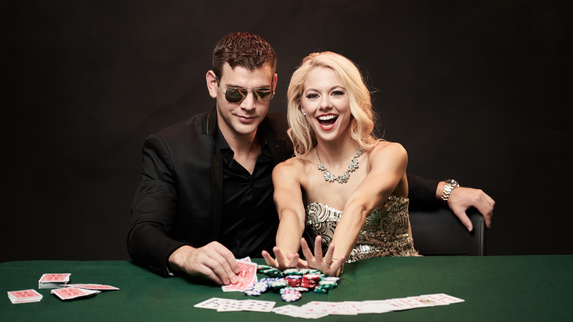 Alexa Knierim and Brandon Frazier play poker for SKATING magazine cover photo shoot