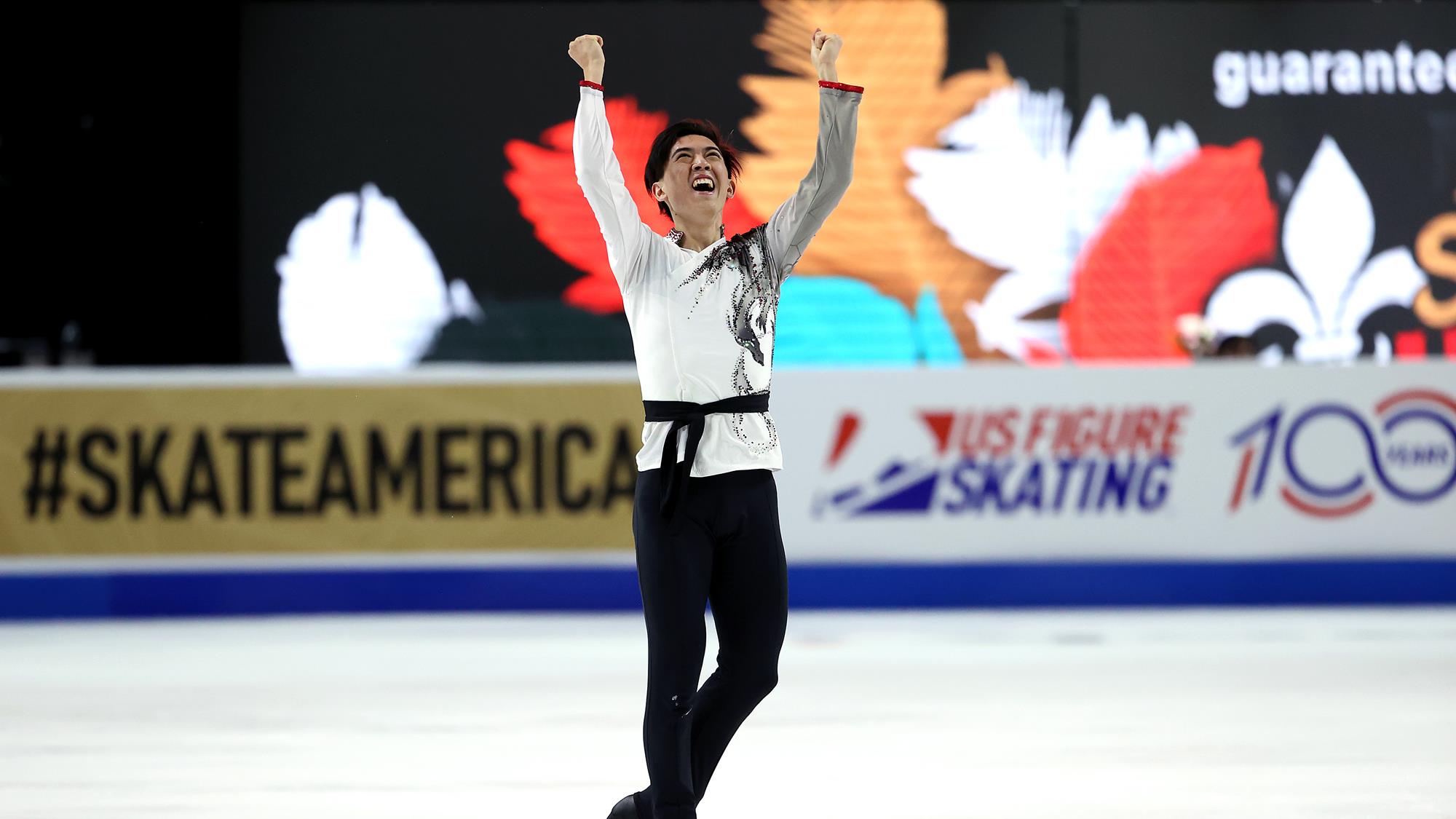 Vincent Zhou celebrates after free skate at Skate America