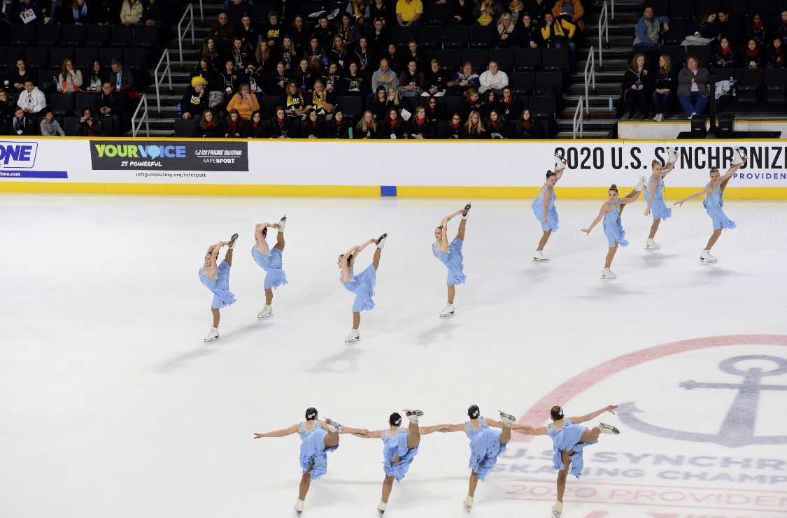 Haydenettes perform in light blue dresses at the 2020 U.S. Synchronized Skating Championships