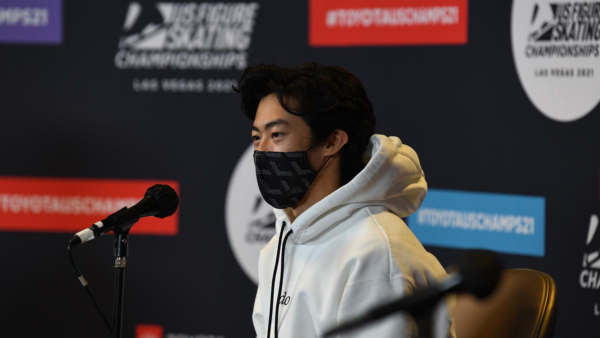 Nathan Chen speaks with the media after practice at the 2021 Toyota U.S. Figure Skating Championships