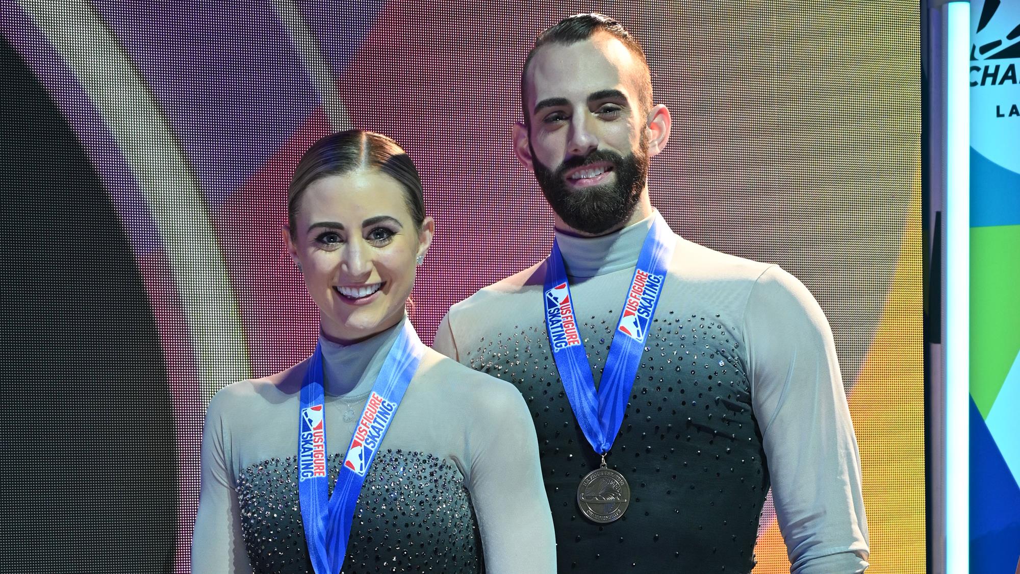 Ashley Cain-Gribble and Timothy LeDuc pose with bronze medals from 2021 Toyota U.S. Championships