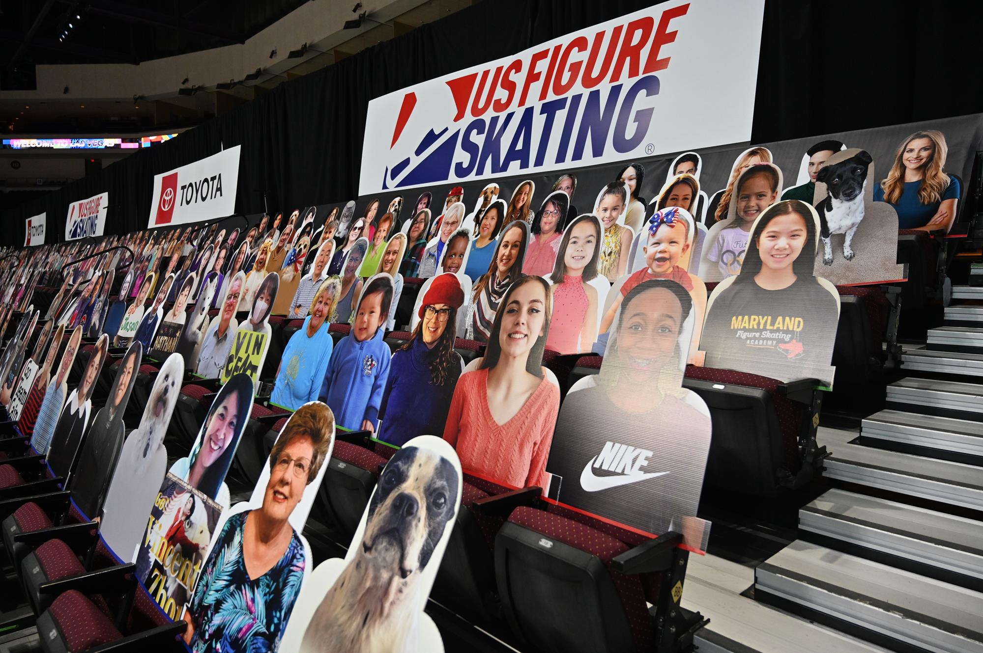 Fan cutouts sit in the stands at the 2021 Toyota U.S. Figure Skating Championships