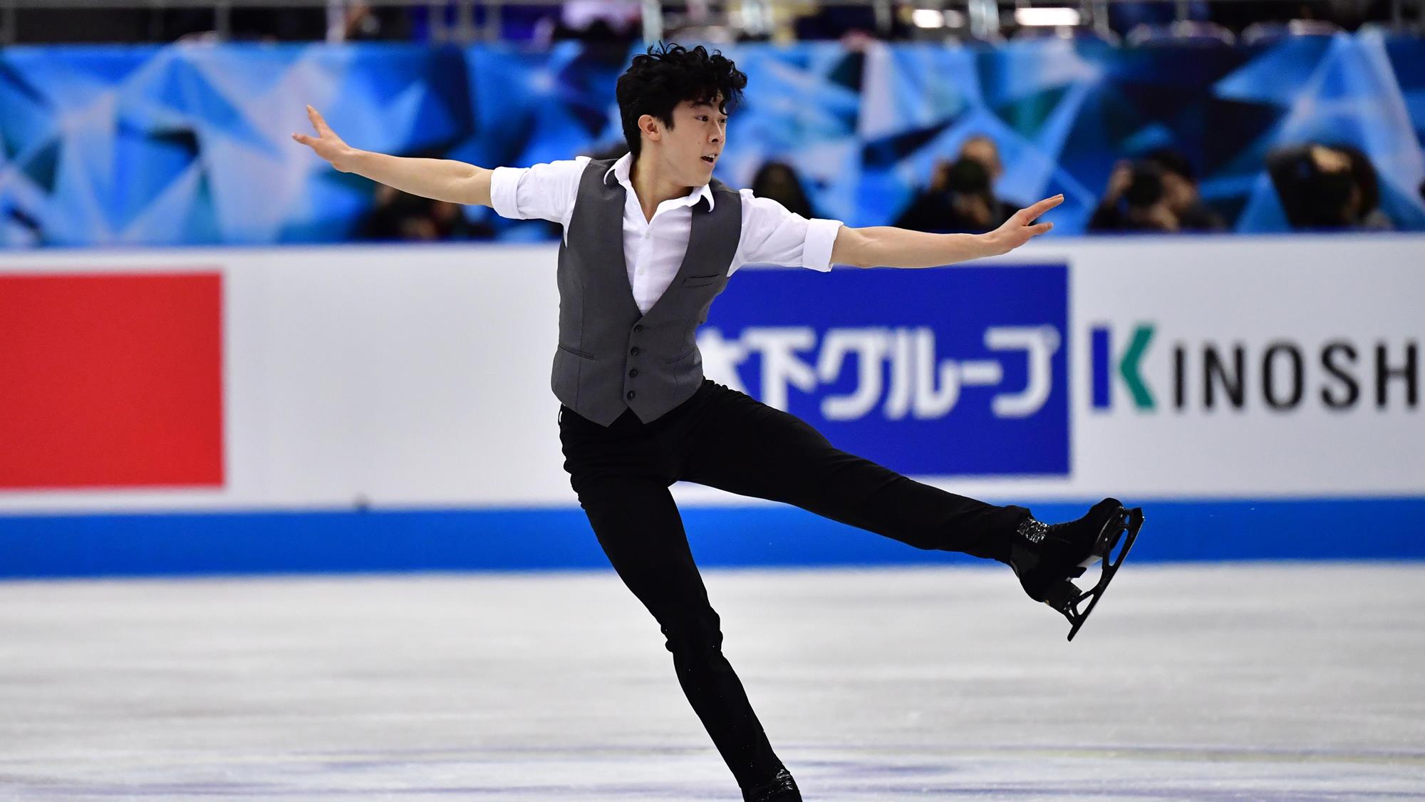 Nathan Chen of the United States competes in the Men's Single Short Program on day one of the ISU Team Trophy at Marine Messe Fukuoka on April 11, 2019 in Fukuoka, Japan.