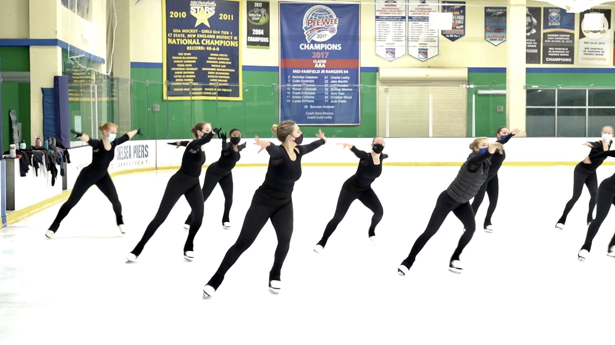 Skyliners Senior team skates disconnected with facial coverings