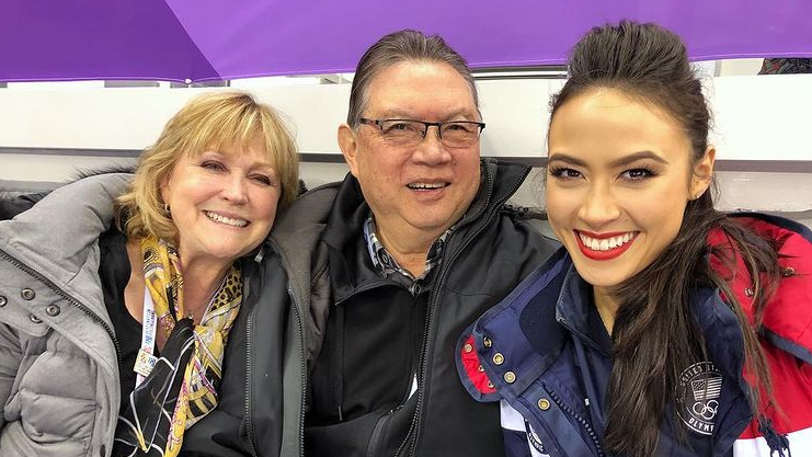 Madison Chock poses with her parents at the Olympic Winter Games PyeongChang 2018