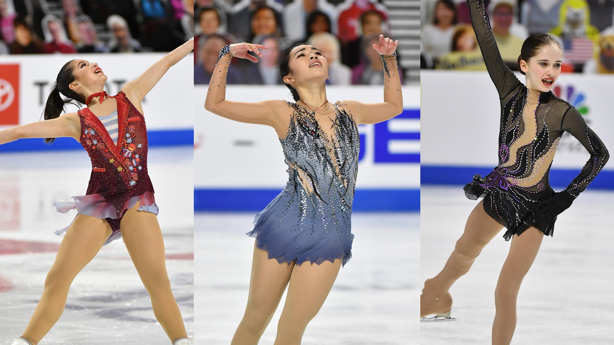 2021 Peggy Fleming Trophy Podium - Karen Chen (center), Alysa Liu (left), Isabeau Levito (right)