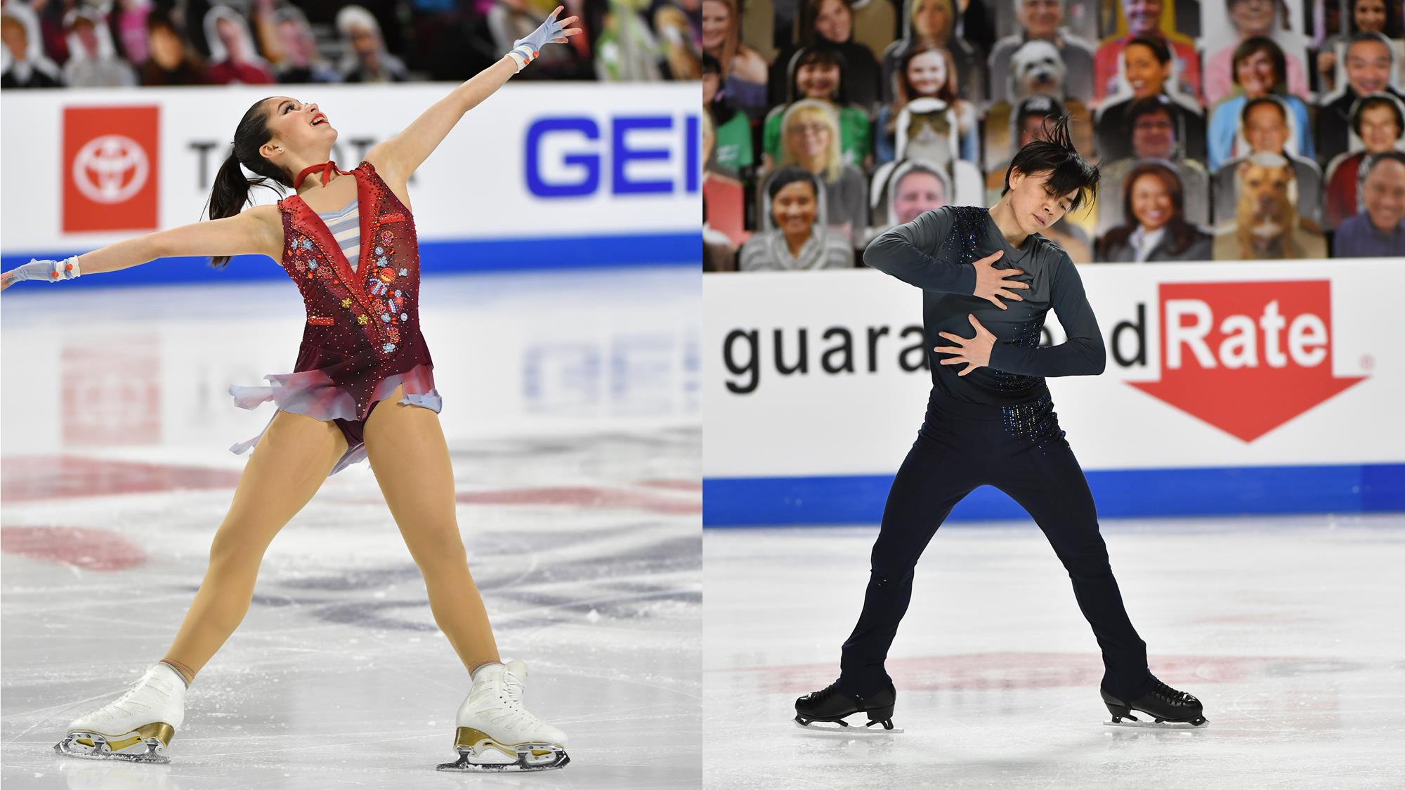 Alysa Liu (left) and Vincent Zhou (right) perform at 2021 U.S. Championships