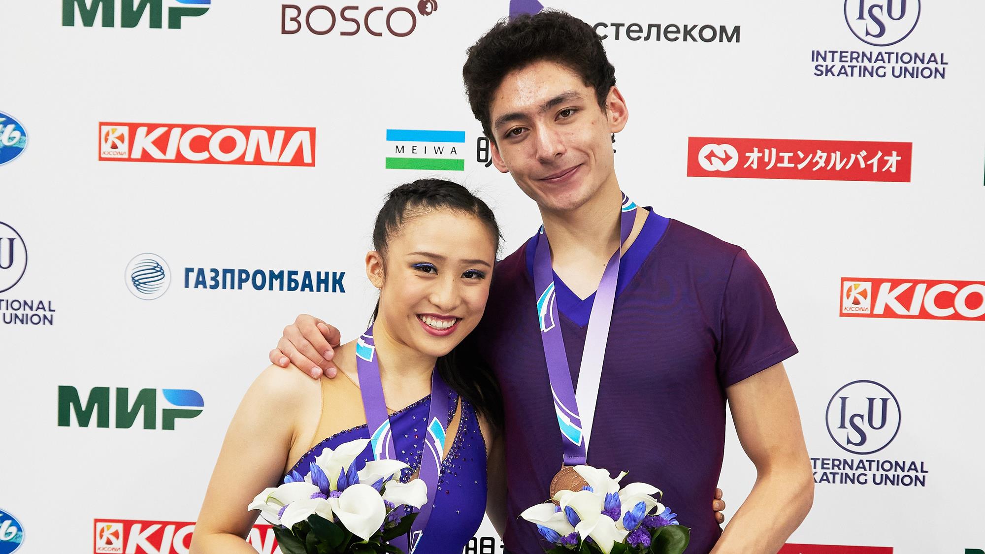 Angela Ling and Caleb Wein pose with bronze medals at Junior Grand Prix Russia