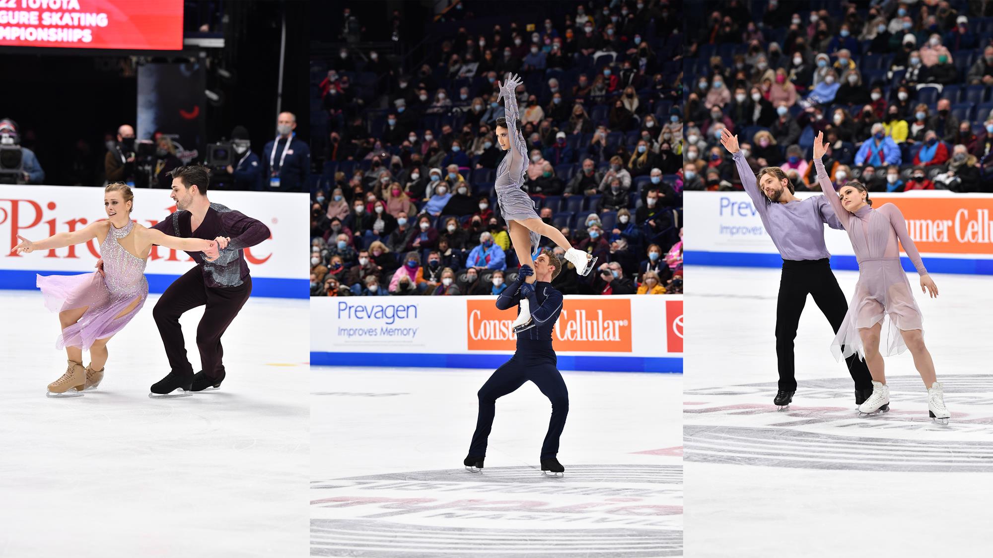 2022 U.S. Olympic Ice Dance Team in action - Chock and Bates (center), Hubbell and Donohue (left), Hawayek and Baker (right)