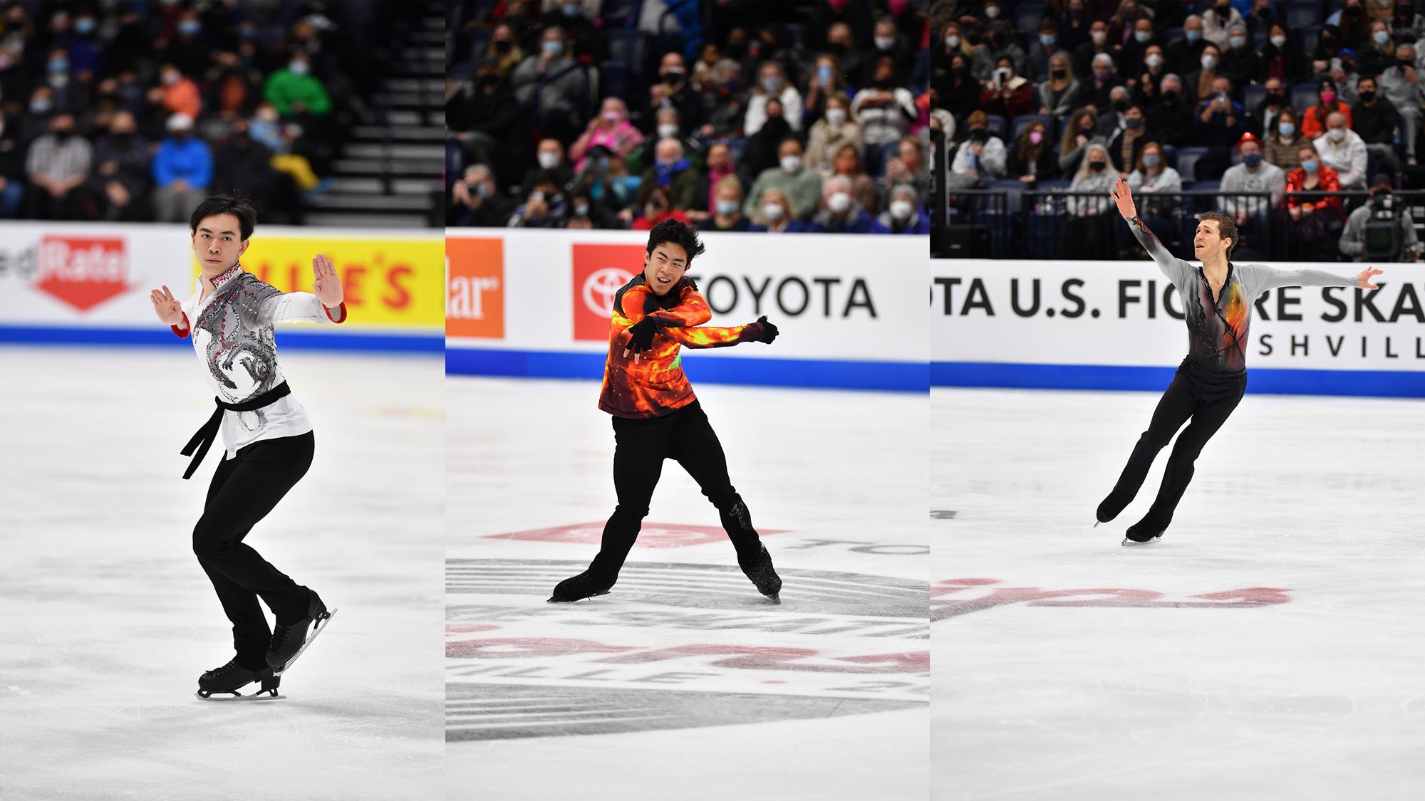 2022 U.S. Olympic Men's Team in action: Nathan Chen (center), Vincent Zhou (left), Jason Brown (right)