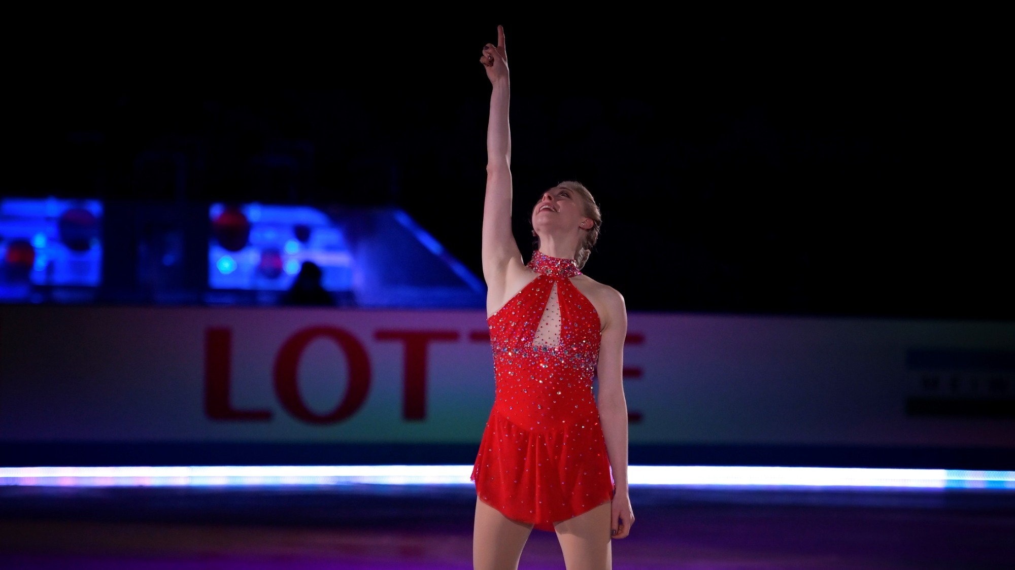 Bradie Tennell points to the sky during her exhibition performance. 