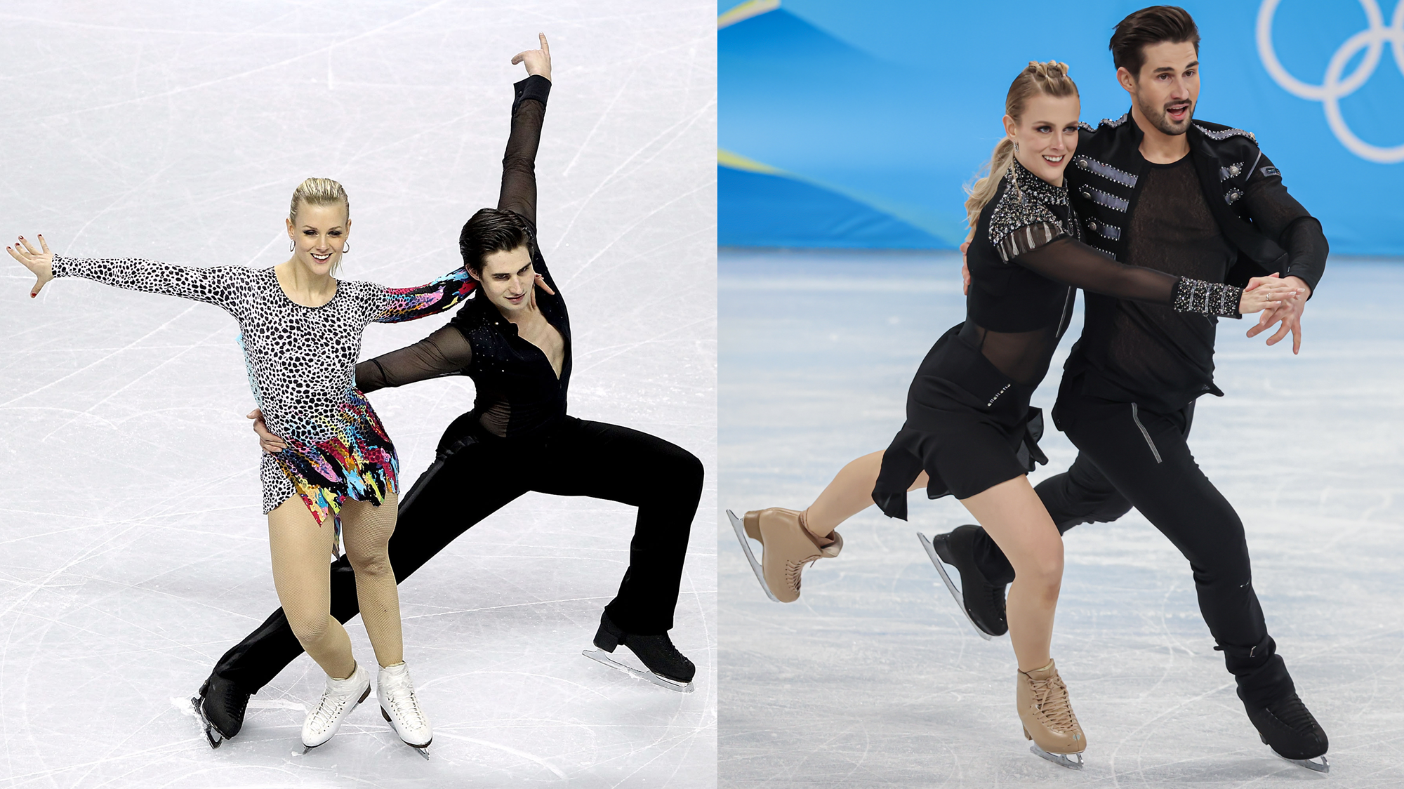 On the left, Madison Hubbell and Zachary Donohue perform at their first U.S. Championships. On the right, Madison and Zach skate together at the 2022 Olympic Games.