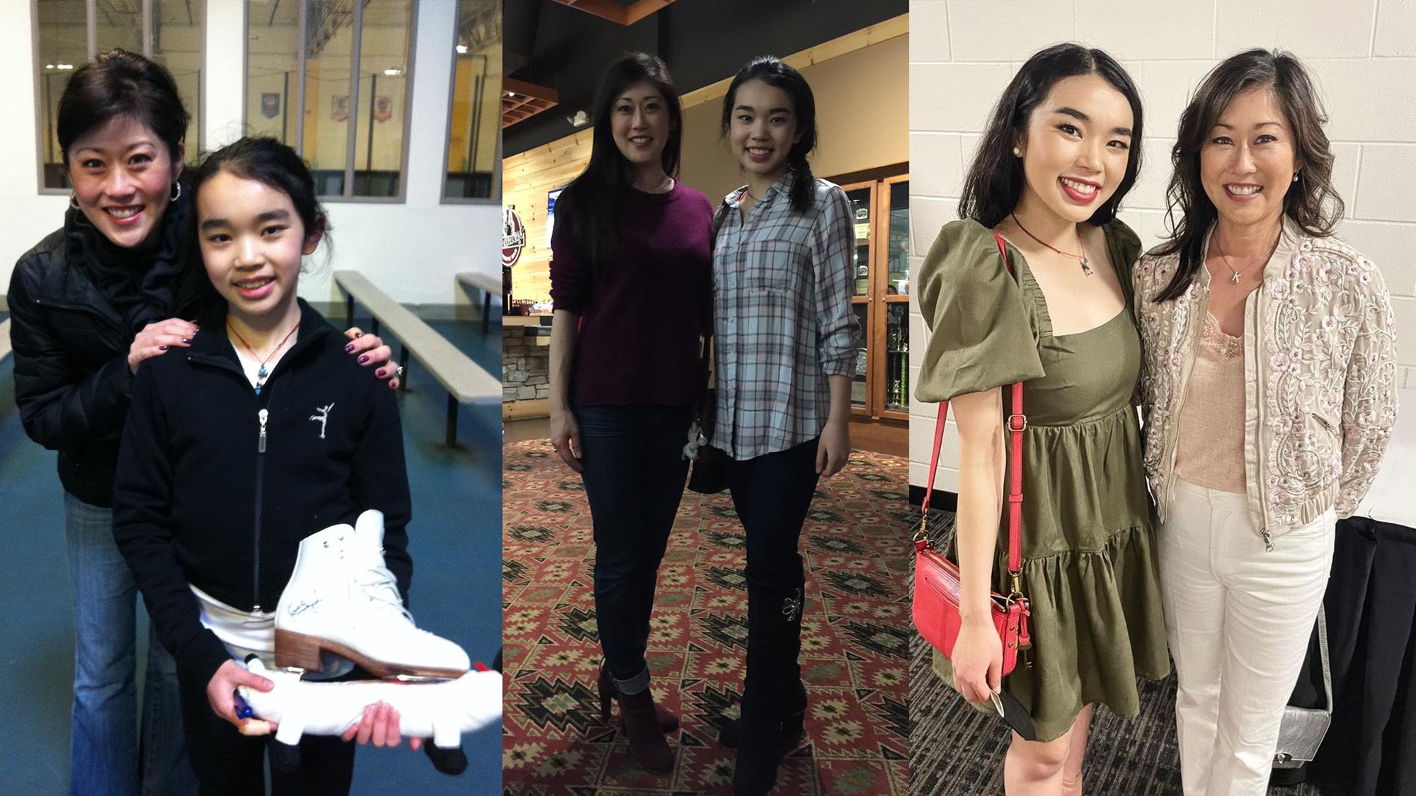 Karen Chen and Kristi Yamaguchi through the years - on the left, Karen with Krisi with her signed skate, in the middle the two with Karen as a teenager and on the right Kristi and Karen's most recent picture at the 2022 Stars on Ice Show in San Jose.