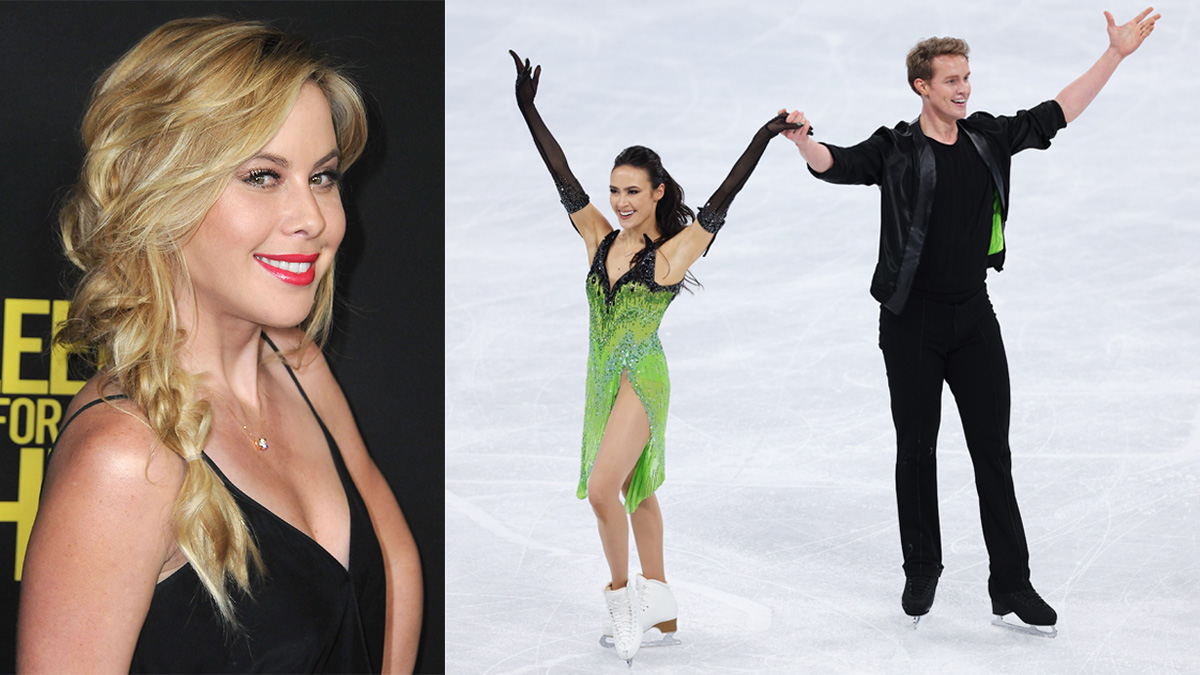 On the left, a photo of Tara Lipinski posing on a red carpet with her hair in a braid. On the right, Madison Chock and Evan Bates saluting the crowd after a performance.