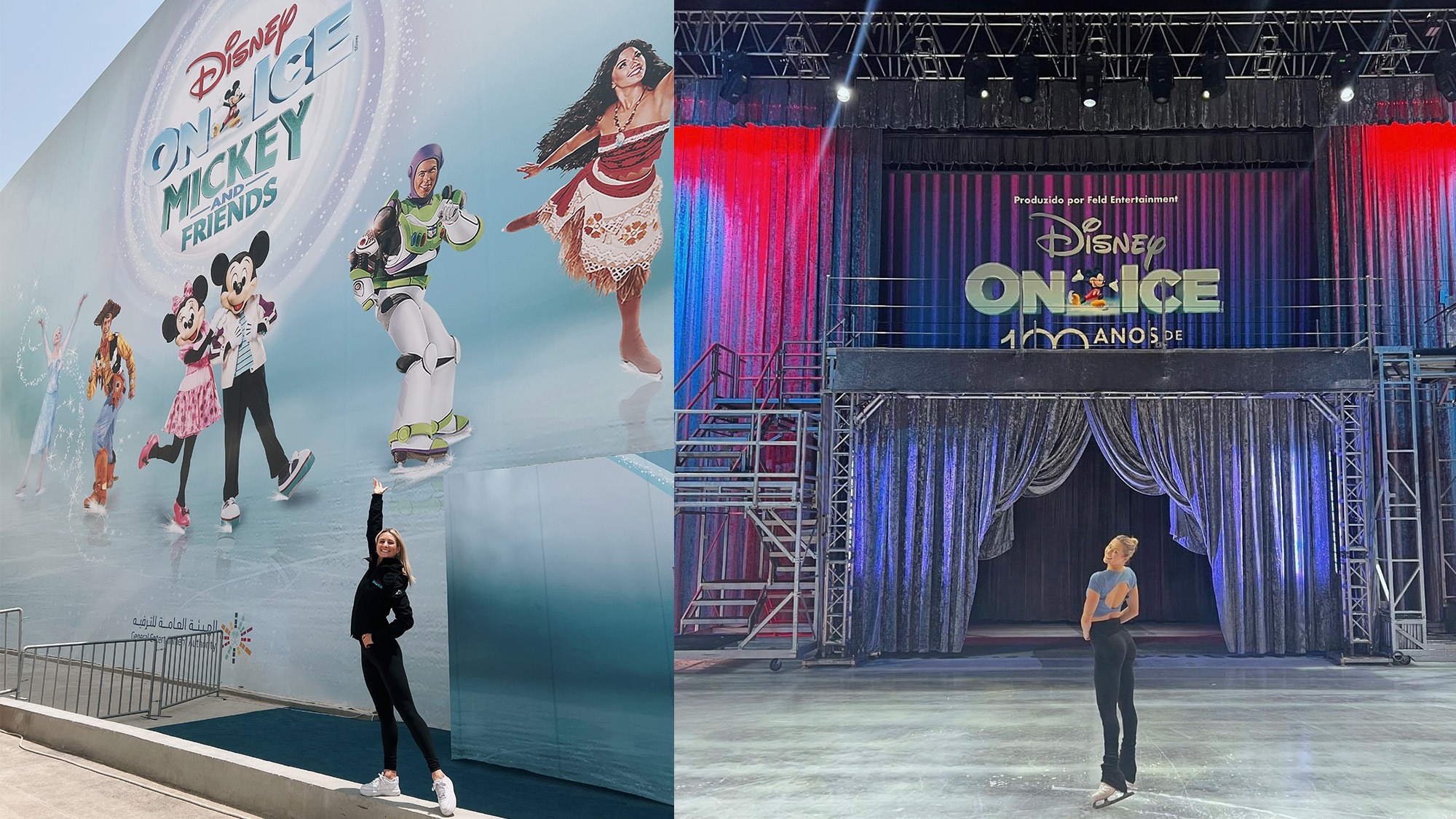 Two pictures of Ashley Cain side by side. On the left, she poses under a massive Disney on Ice Mickey and Friends sign that's on the side of a building and includes characters such as Mickey and Minnie,  Buzz and Woody, and Elsa. On the right, she sands on the ice below a Disney on Ice sign. 