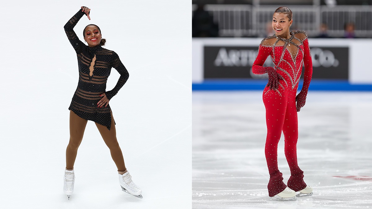 Side by side photos of Alexa Gasparotto and Starr Andrews. Alexa is in a black dress, Starr in a red one piece suit, both hitting power poses on the ice.