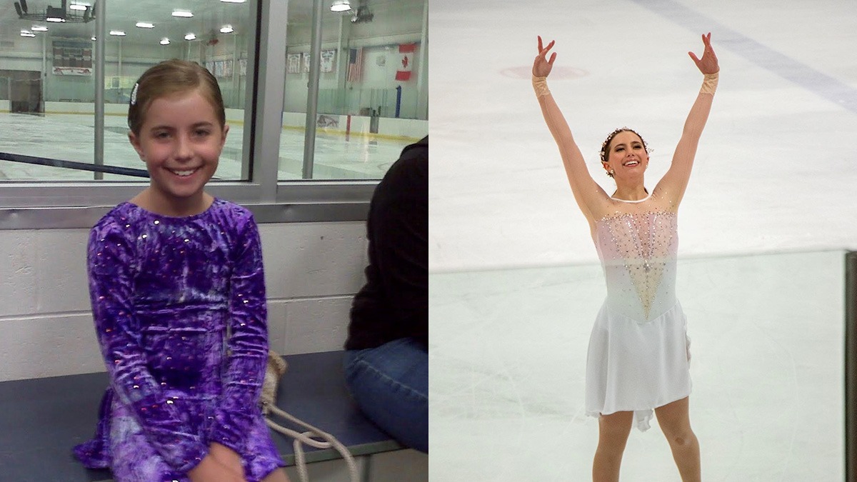 Two pictures of Brittney Rivelli side by side - on the left a picture of her younger self at 13 years old. On the right a current picture as a member of Miami University.