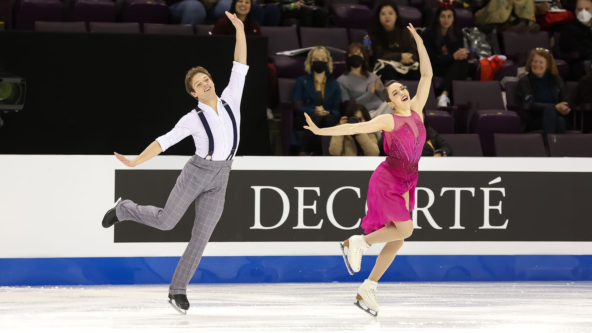 Caroline Green and Michael Parsons perform jubilant side by side choreography during their free skate at Four Continents.