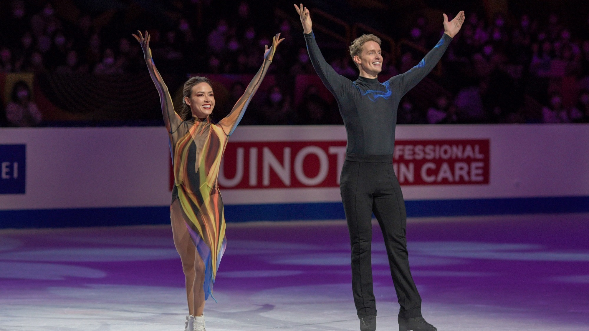 SAITAMA, JAPAN - MARCH 25: Madison Chock and Evan Bates of the United States reacts in the Ice Dance medal ceremony during the ISU World Figure Skating Championships 2023 at Saitama Super Arena on March 25, 2023 in Saitama, Japan (Photo by Pablo Morano/BSR Agency/Getty Images)