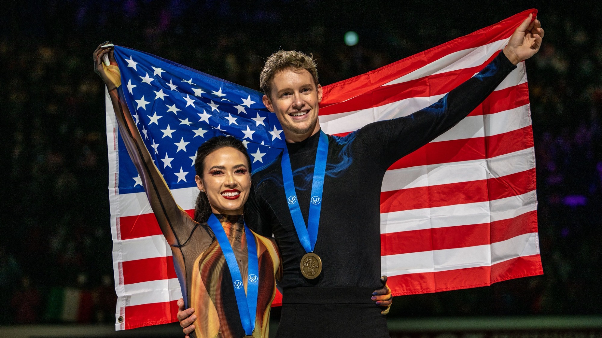 Gold medallists USA's Madison Chock and Evan Bates pose during the medals ceremony for the ice dance event during the ISU World Figure Skating Championships 2023 in Saitama on March 25, 2023. (Photo by Philip FONG / AFP) (Photo by PHILIP FONG/AFP via Getty Images)
