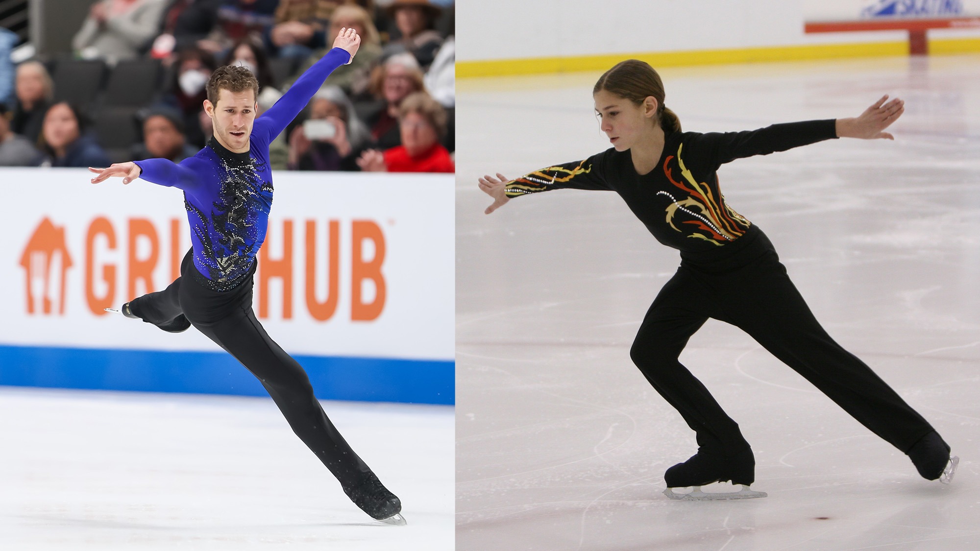A split screen with two images. On the left, Jason Brown after completing a jump at the 2023 Toyota U.S. Figure Skating Championships (wearing a blue shirt and black pants). On the right, Jason Brown completing a jump from 2007 when he won juvenile at the U.S. Championships (wearing black pants and a black shirt with a fire pattern).