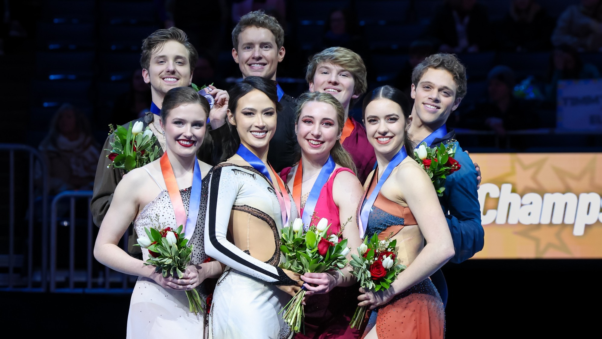 The 2024 U.S. ice dance podium (L-R): Christina Carreira and Anthony Ponomarenko, Madison Chock and Evan Bates, Emily Bratti and Ian Somerville, and Caroline Green and Michael Parsons.