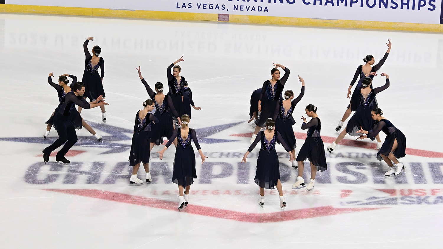 The Haydenettes, in black dresses with purple detail down the front and back, hit a pose at center ice, the left side mirroring the right.