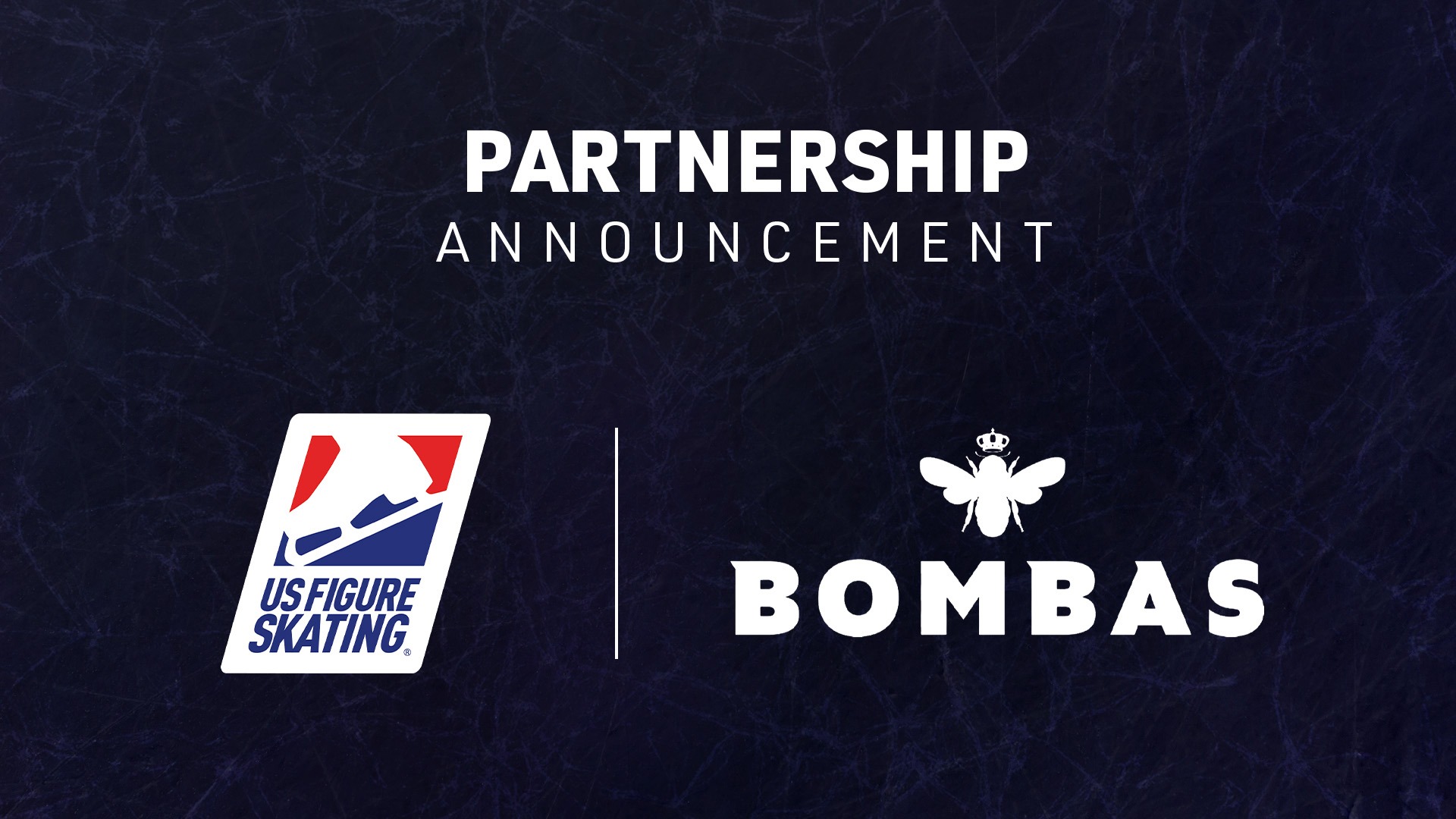 The U.S. Figure Skating and Bombas logos side by side on a navy blue background with the words Partnership Announcement written above it in white