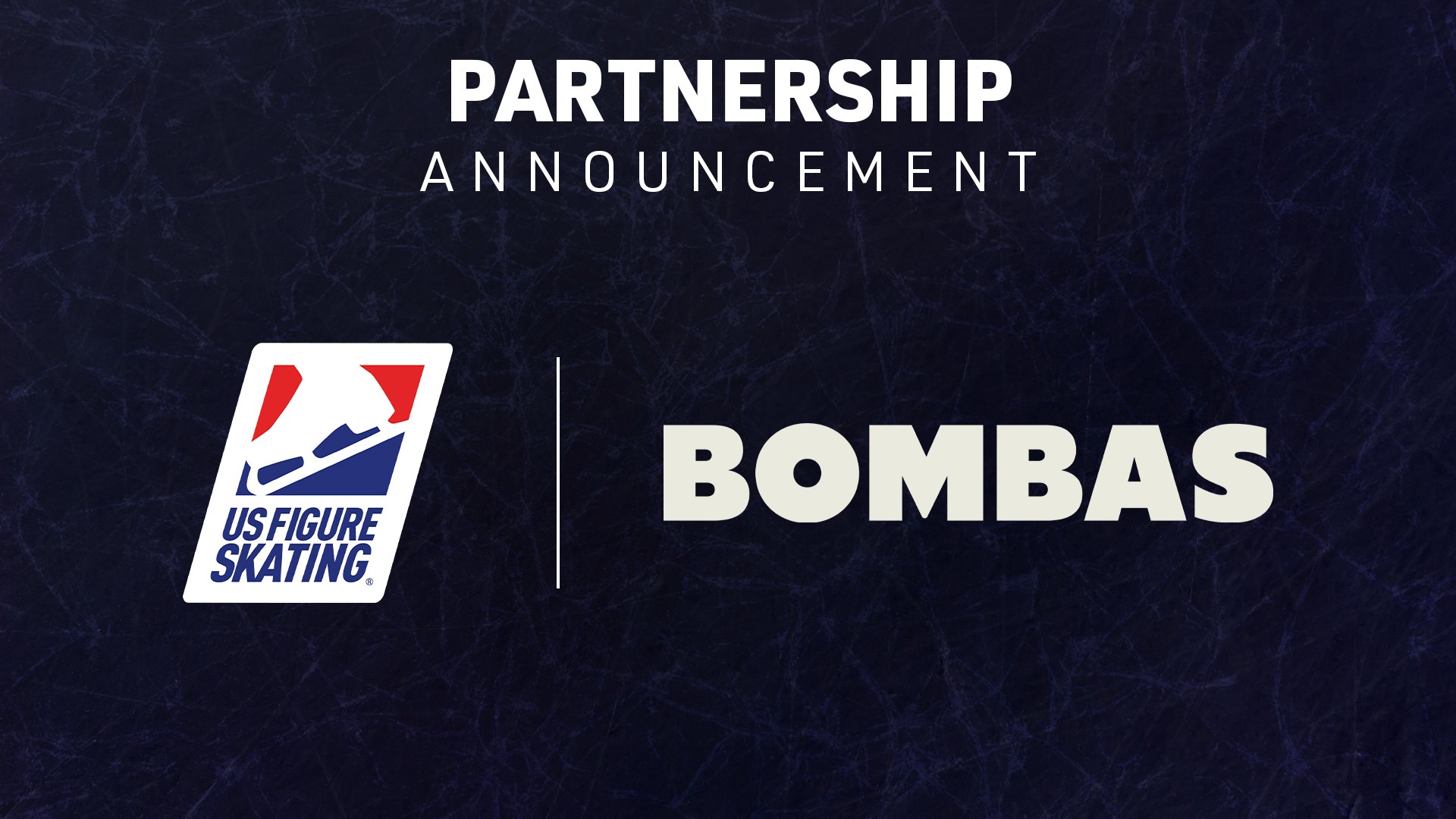 The U.S. Figure Skating and Bombas logos side by side on a navy blue background with the words Partnership Announcement written above it in white