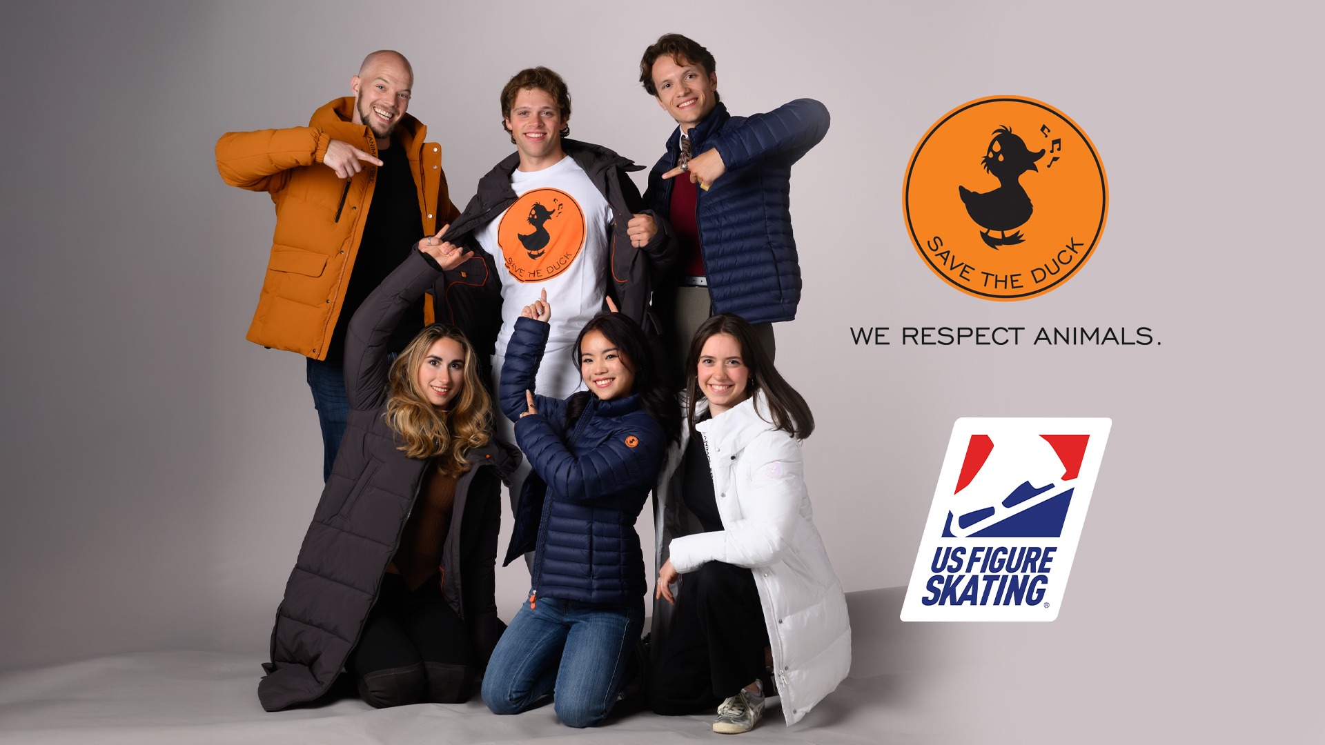 Photo of various Team USA athletes wearing Save the Duck apparel. To the left is the Save The Duck and U.S. Figure Skating logos. 