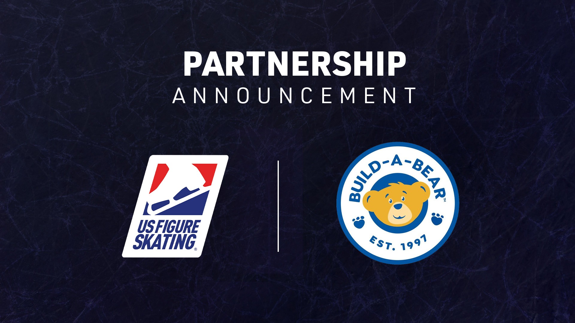 The U.S. Figure Skating and Build-A-Bear logos side by side on a navy blue background with the words Partnership Announcement written above it in white